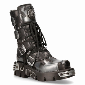 Utility Design New Rock Flame Accented Black/Silver Leather Boots-591-S2