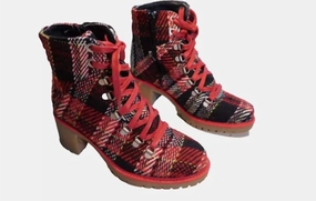 Horse Riding Women Indigo Lace Up Boots In Red Plaid