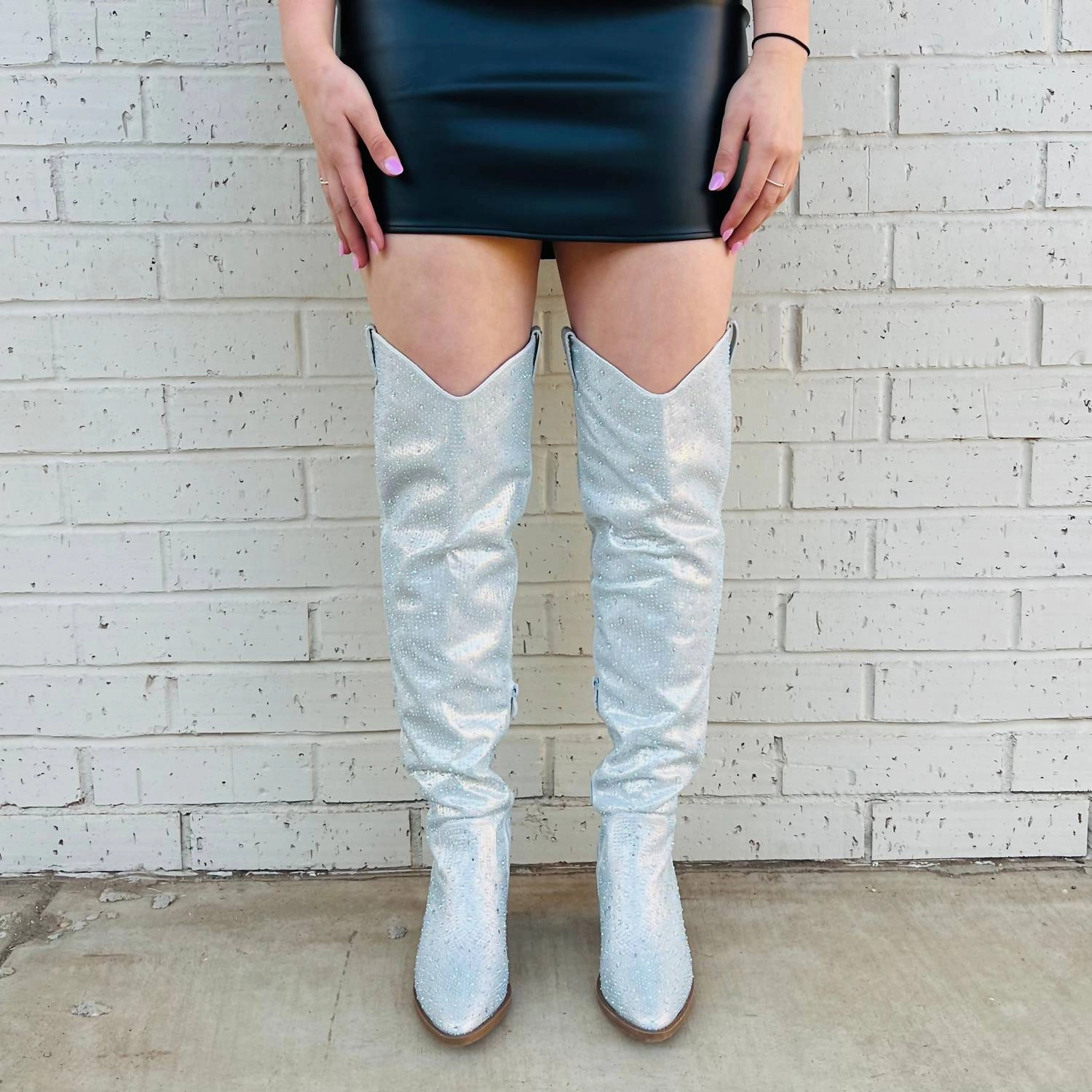 Trail Friendly Women's Bring Ya To Your Knees Rhinestone Boots In Silver