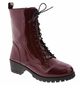 Reinforced Seams Women's Caity Combat Patent Boots In Burgundy