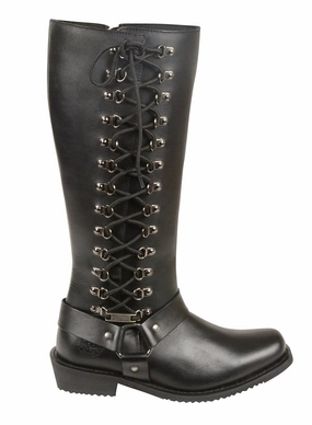 Women's Classic Leather 14-Inch Harness Square Toe Tall Boots In Black Wedding Reception Trail Friendly