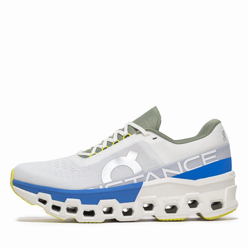 Women's DISTANCE x On Cloudmonster 2 - White/Lapis Foot Stability daylight