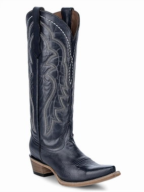 Gloss Shine Comfort Ankle Women's Embroidered Tall Western Boots - Snip Toe In Dark Blue