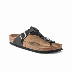 Flexible Traction Women's Gizeh Oiled Leather Braided Sandals Black 1021349