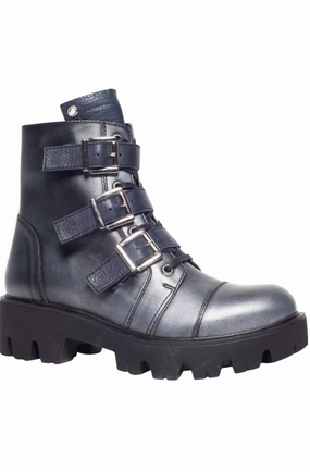 Women's Paris Combat Boots In Silver/dark Blue Black Leather Slip Resistant Remote Hiking