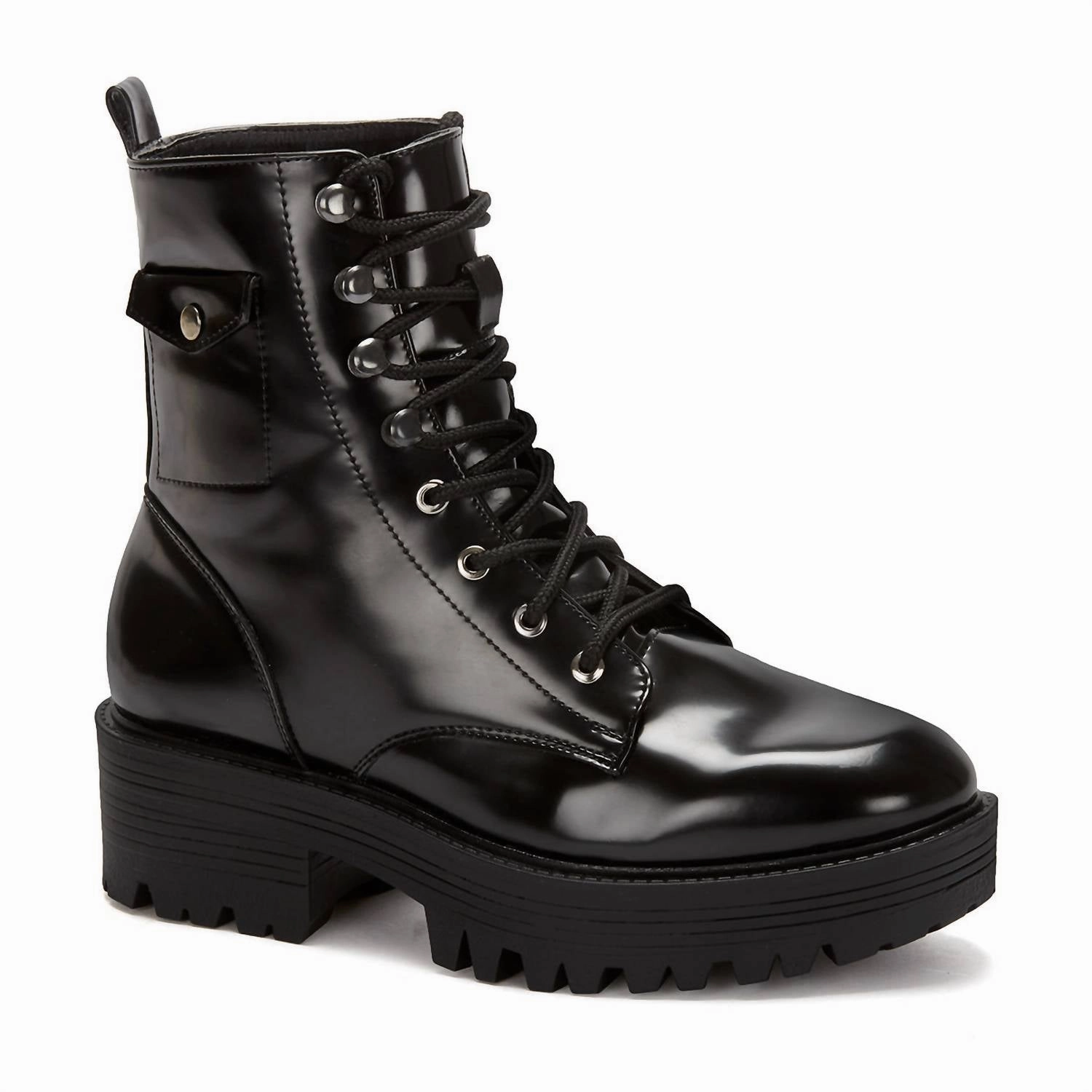 High Traction Adventure Journey Winter Ready Women's Patent Combat Boots In Black