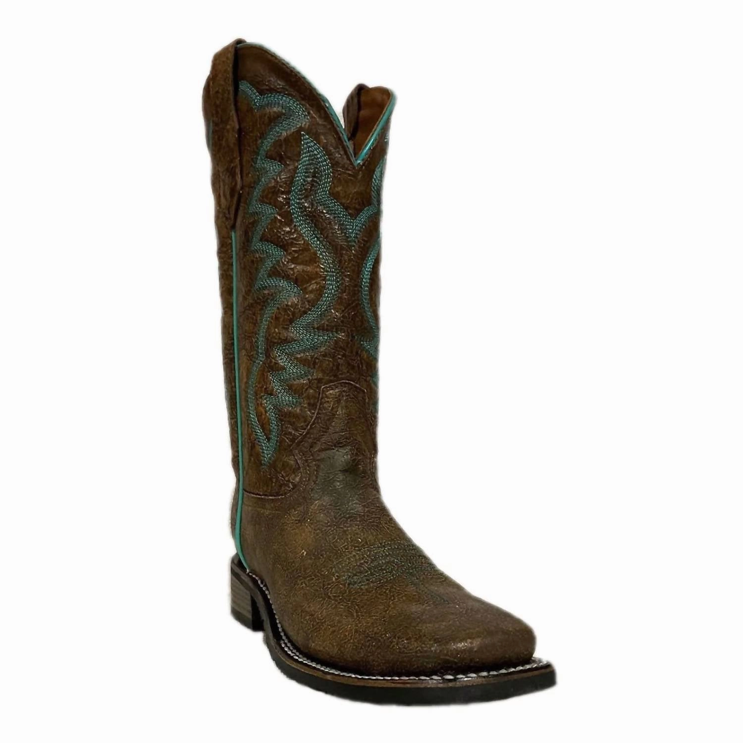 Women's Peanut Embroidery Wide Square Toe Western Boots In Brown Coffee Shop