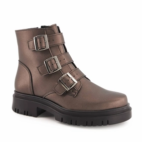 Shock absorption Leather Cool Women's Triple Buckle Combat Boots In Rust Copper