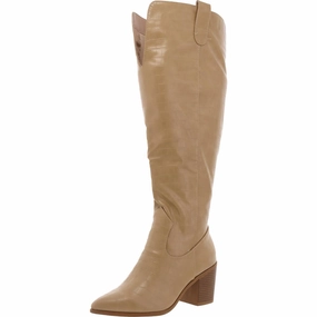 Womens Block Heel Faux Leather Knee-High Boots Oil-Resistant