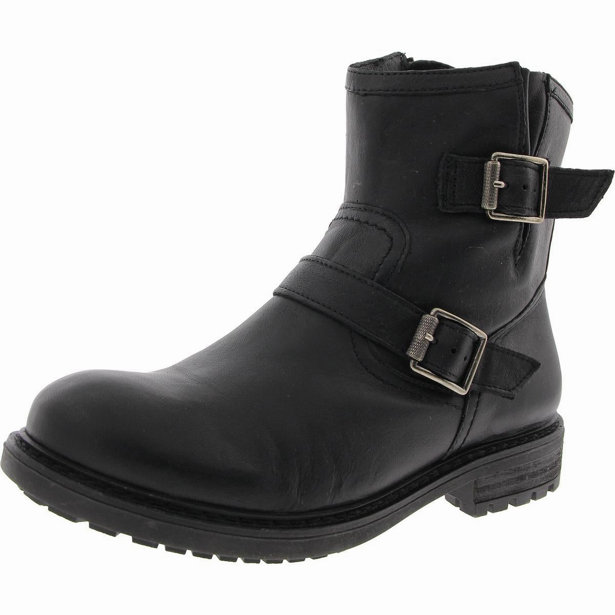 Womens Buckle Leather Motorcycle Boots Lace Closure Outdoor Ready