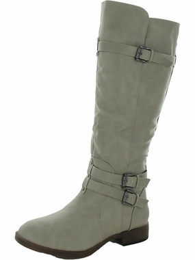Womens Leather Wide Calf Knee-High Boots Chunk Heel Quick Drying Mountain Climber