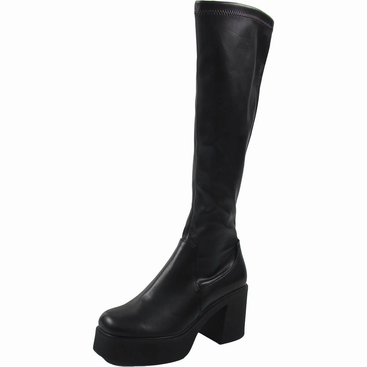 Womens Zipper Faux Leather Knee-High Boots Metallic Edge Stable Support Night Travel