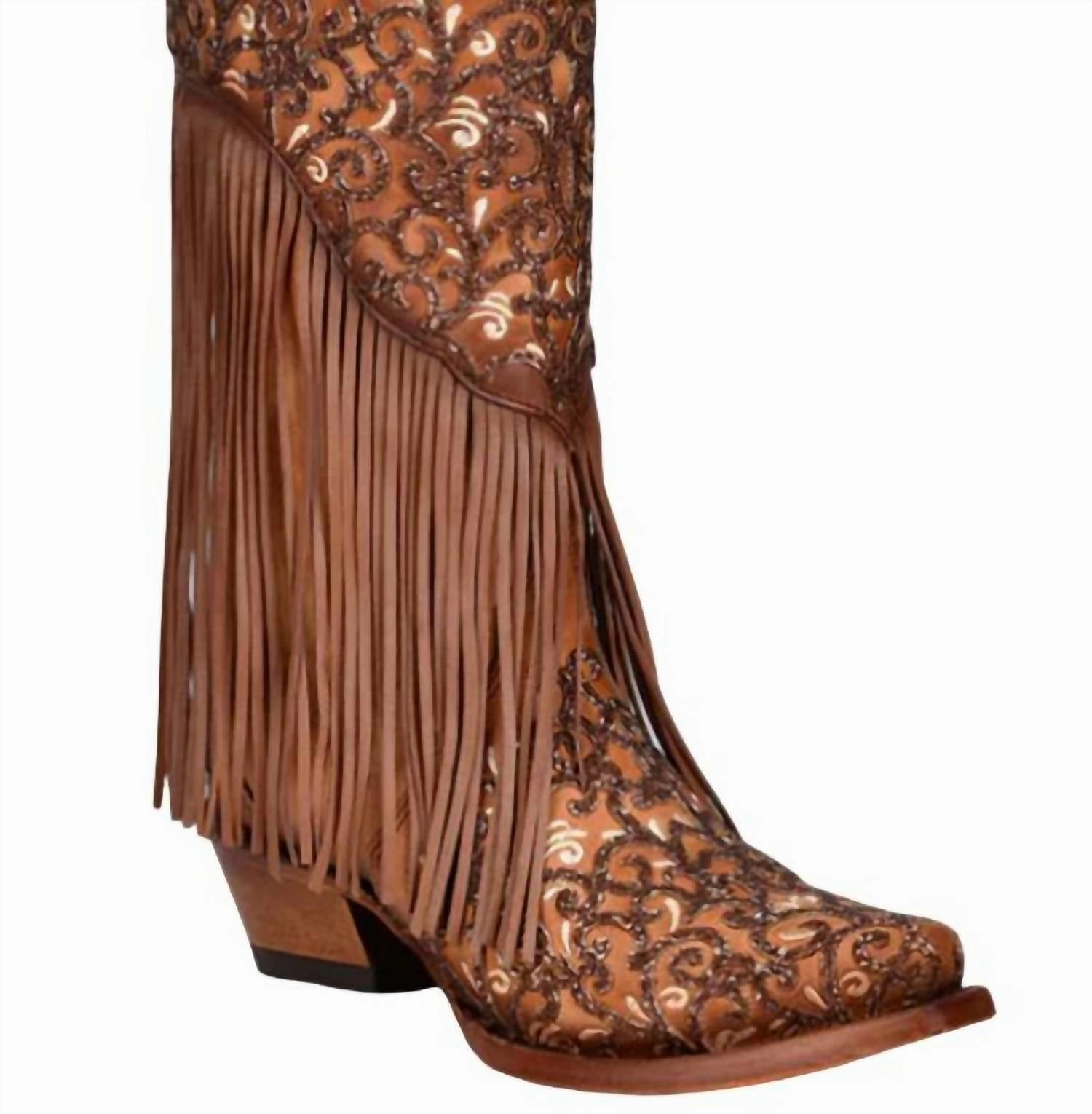 Women's Overlay White Embroidery Lamb Fringe Snip Toe Cowboy Boot In Honey Easy Care Training